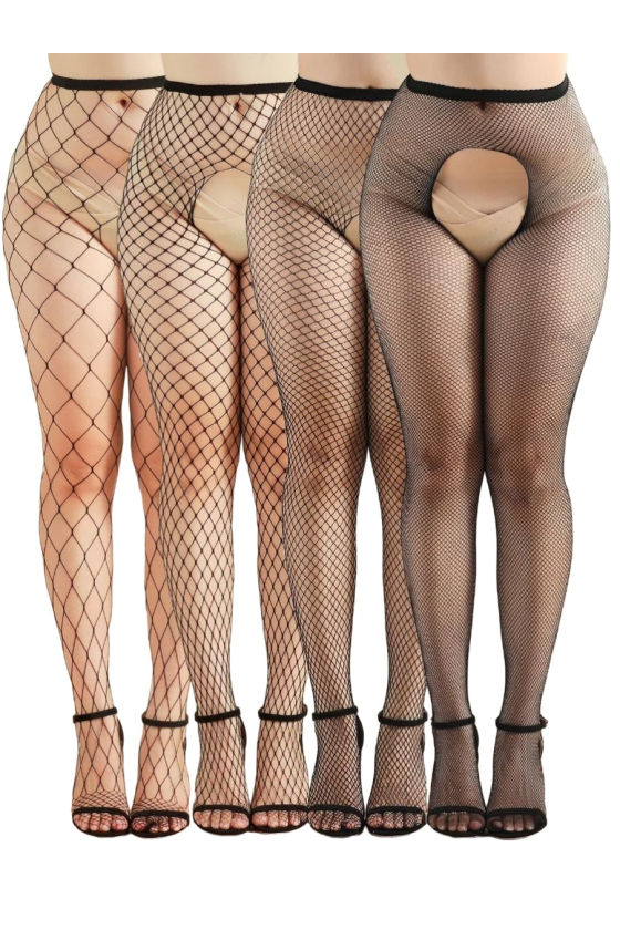 SETOF 4 MESH CROTCHLESS STOCKINGS BLACK S-L