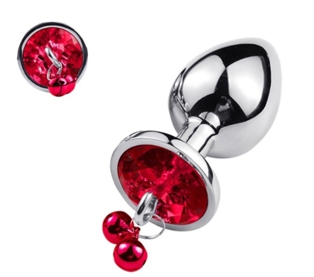 Metallic Anal Plug with Bells Ring My Bells, Silver/Red, Medium, 8 cm